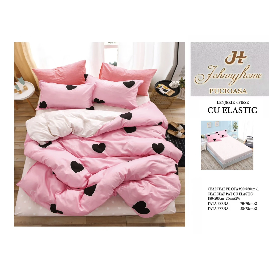 Lenjerie de pat pentru 2 persoane, finet, 6 piese model Inima
